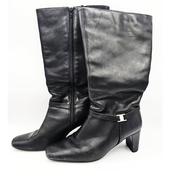 Women’s Black Leather Upper Knee-High Boots Size 8.5M Block Heel Side Zip - Picture 2 of 12